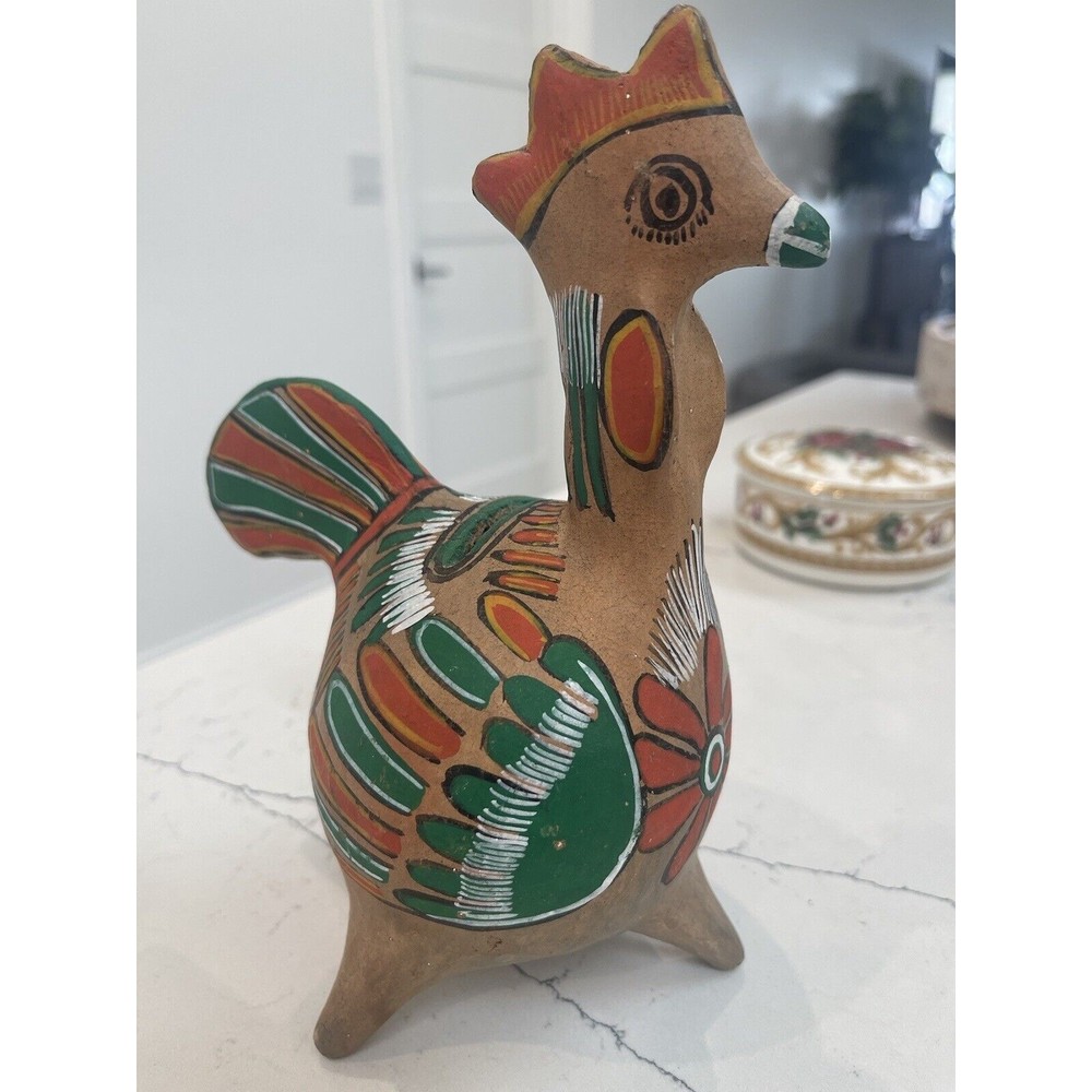 Vtg Mid Century Mexican Folk Art Ceramic Coin Bank In Bird Motif / Hand Painted